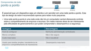 19
© 2016 Cisco e/ou suas afiliadas. Todos os direitos reservados.
Confidencial da Cisco
Componentes de rede
ponto a ponto
É possível que um dispositivo seja um cliente e um servidor em uma rede ponto a ponto. Este
tipo de design de rede é recomendado apenas para redes muito pequenas.
 Uma rede ponto-a-ponto é uma rede onde não há um computador central oferecendo controle
sobre o compartilhamento de arquivos e recursos. Em redes maiores deixa de ser interessante
pela dificuldade de gerenciamento e por poder comprometer o desempenho e a segurança.
Vantagens Desvantagens
Fácil de configurar Nenhuma administração centralizada
Menos complexo Não é tão segura
Custo mais baixo Não é escalável
Usado para tarefas simples: transferência de
arquivos e compartilhamento de impressoras
Desempenho mais lento
 
