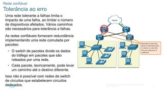 40
© 2016 Cisco e/ou suas afiliadas. Todos os direitos reservados.
Confidencial da Cisco
Rede confiável
Tolerância ao erro
Uma rede tolerante a falhas limita o
impacto de uma falha, ao limitar o número
de dispositivos afetados. Vários caminhos
são necessários para tolerância a falhas.
As redes confiáveis fornecem redundância
implementando uma rede comutada por
pacotes:
• O switch de pacotes divide os dados
do tráfego em pacotes que são
roteados por uma rede.
• Cada pacote, teoricamente, pode levar
um caminho até o destino diferente.
Isso não é possível com redes de switch
de circuitos que estabelecem circuitos
dedicados.
 