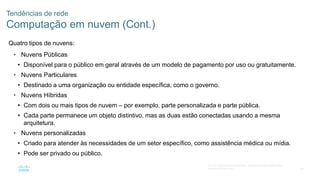 49
© 2016 Cisco e/ou suas afiliadas. Todos os direitos reservados.
Confidencial da Cisco
Tendências de rede
Computação em nuvem (Cont.)
Quatro tipos de nuvens:
• Nuvens Públicas
• Disponível para o público em geral através de um modelo de pagamento por uso ou gratuitamente.
• Nuvens Particulares
• Destinado a uma organização ou entidade específica, como o governo.
• Nuvens Híbridas
• Com dois ou mais tipos de nuvem – por exemplo, parte personalizada e parte pública.
• Cada parte permanece um objeto distintivo, mas as duas estão conectadas usando a mesma
arquitetura.
• Nuvens personalizadas
• Criado para atender às necessidades de um setor específico, como assistência médica ou mídia.
• Pode ser privado ou público.
 