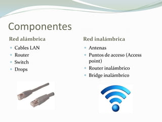 Componentes
Red alámbrica Red inalámbrica
 Cables LAN
 Router
 Switch
 Drops
 Antenas
 Puntos de acceso (Access
point)
 Router inalámbrico
 Bridge inalámbrico
 