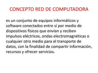 CONCEPTO RED DE COMPUTADORA 
es un conjunto de equipos informáticos y 
software conectados entre sí por medio de 
dispositivos físicos que envían y reciben 
impulsos eléctricos, ondas electromagnéticas o 
cualquier otro medio para el transporte de 
datos, con la finalidad de compartir información, 
recursos y ofrecer servicios. 
 