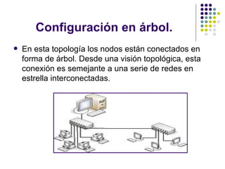 Configuración en árbol. En esta topología los nodos están conectados en forma de árbol. Desde una visión topológica, esta conexión es semejante a una serie de redes en estrella interconectadas.  