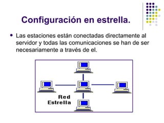 Configuración en estrella. Las estaciones están conectadas directamente al servidor y todas las comunicaciones se han de ser necesariamente a través de el. 