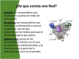 ¿De que consta una Red?
Clientes: las computadoras que
emplean los usuarios de redes de
área locales.
Servidores: las computadoras que
contienen la información o recurso
compartido. Son las que
proporcionan los medios para que el
cliente obtenga lo que quiere.
Aplicaciones: corren en las
computadoras cliente y en el caso
de aplicaciones cliente/servidor, y se
comunican con la parte de la
aplicación que corre en el servidor.
 