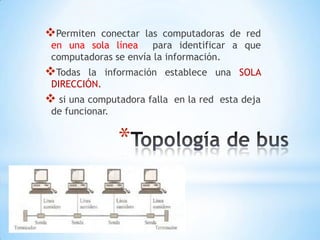 Permiten conectar las computadoras de red
 en una sola línea para identificar a que
 computadoras se envía la información.
Todas   la información establece una SOLA
 DIRECCIÓN.
 si una computadora falla   en la red esta deja
 de funcionar.


                 *
 