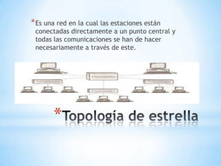 * Es una red en la cual las estaciones están
 conectadas directamente a un punto central y
 todas las comunicaciones se han de hacer
 necesariamente a través de este.




       *
 