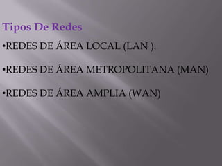 Tipos De Redes
•REDES DE ÁREA LOCAL (LAN ).
•REDES DE ÁREA METROPOLITANA (MAN)
•REDES DE ÁREA AMPLIA (WAN)
 