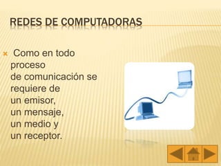 REDES DE COMPUTADORAS
 Como en todo
proceso
de comunicación se
requiere de
un emisor,
un mensaje,
un medio y
un receptor.
 