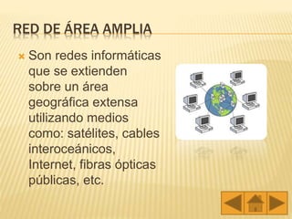 RED DE ÁREA AMPLIA
 Son redes informáticas
que se extienden
sobre un área
geográfica extensa
utilizando medios
como: satélites, cables
interoceánicos,
Internet, fibras ópticas
públicas, etc.
 