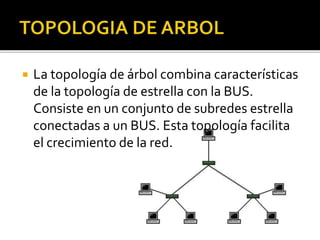  La topología de árbol combina características 
de la topología de estrella con la BUS. 
Consiste en un conjunto de subredes estrella 
conectadas a un BUS. Esta topología facilita 
el crecimiento de la red. 
 