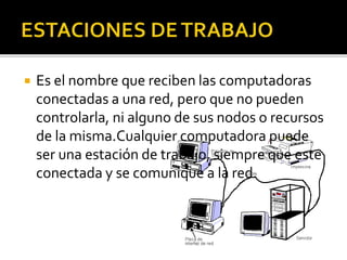  Es el nombre que reciben las computadoras 
conectadas a una red, pero que no pueden 
controlarla, ni alguno de sus nodos o recursos 
de la misma.Cualquier computadora puede 
ser una estación de trabajo, siempre que este 
conectada y se comunique a la red. 
 