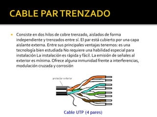  Consiste en dos hilos de cobre trenzado, aislados de forma 
independiente y trenzados entre sí. El par está cubierto por una capa 
aislante externa. Entre sus principales ventajas tenemos: es una 
tecnología bien estudiada No requiere una habilidad especial para 
instalación La instalación es rápida y fácil. La emisión de señales al 
exterior es mínima. Ofrece alguna inmunidad frente a interferencias, 
modulación cruzada y corrosión 
 