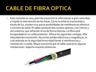  Esta conexión es cara, permite transmitir la información a gran velocidad 
e impide la intervención de las líneas. Como la señal es transmitida a 
través de luz, existen muy pocas posibilidades de interferencias eléctrica 
o emisión de señal. El cable consta de dos núcleos ópticos, uno interno y 
otro externo, que refractan la luz de forma distinta. La fibra está 
encapsulada en un cable protector .Ofrece las siguientes ventajas: Alta 
velocidad de transmisión. No emite señales eléctricas o magnéticas, lo 
cual redunda en la seguridad Inmunidad frente a interferencias y 
modulación cruzada. Mayor economía que el cable coaxial en algunas 
instalaciones. Soporta mayores distancias 
