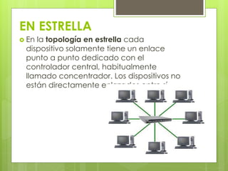 EN ESTRELLA 
 En la topología en estrella cada 
dispositivo solamente tiene un enlace 
punto a punto dedicado con el 
controlador central, habitualmente 
llamado concentrador. Los dispositivos no 
están directamente enlazados entre sí. 
 