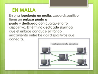 EN MALLA 
En una topología en malla, cada dispositivo 
tiene un enlace punto a 
punto y dedicado con cualquier otro 
dispositivo. El término dedicado significa 
que el enlace conduce el tráfico 
únicaniente entre los dos dispositivos que 
conecta. 
 