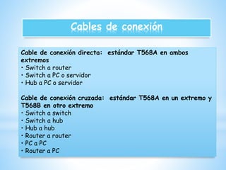 Cables de conexión 
Cable de conexión directa: estándar T568A en ambos 
extremos 
• Switch a router 
• Switch a PC o servidor 
• Hub a PC o servidor 
Cable de conexión cruzada: estándar T568A en un extremo y 
T568B en otro extremo 
• Switch a switch 
• Switch a hub 
• Hub a hub 
• Router a router 
• PC a PC 
• Router a PC 
 