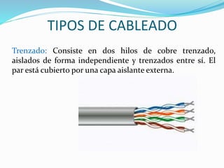 TIPOS DE CABLEADO 
Trenzado: Consiste en dos hilos de cobre trenzado, 
aislados de forma independiente y trenzados entre sí. El 
par está cubierto por una capa aislante externa. 
 