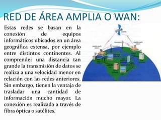 RED DE ÁREA AMPLIA O WAN: 
Estas redes se basan en la 
conexión de equipos 
informáticos ubicados en un área 
geográfica extensa, por ejemplo 
entre distintos continentes. Al 
comprender una distancia tan 
grande la transmisión de datos se 
realiza a una velocidad menor en 
relación con las redes anteriores. 
Sin embargo, tienen la ventaja de 
trasladar una cantidad de 
información mucho mayor. La 
conexión es realizada a través de 
fibra óptica o satélites. 
 