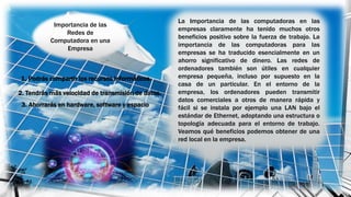 La Importancia de las computadoras en las
empresas claramente ha tenido muchos otros
beneficios positivo sobre la fuerza de trabajo. La
importancia de las computadoras para las
empresas se ha traducido esencialmente en un
ahorro significativo de dinero. Las redes de
ordenadores también son útiles en cualquier
empresa pequeña, incluso por supuesto en la
casa de un particular. En el entorno de la
empresa, los ordenadores pueden transmitir
datos comerciales a otros de manera rápida y
fácil si se instala por ejemplo una LAN bajo el
estándar de Ethernet, adoptando una estructura o
topología adecuada para el entorno de trabajo.
Veamos qué beneficios podemos obtener de una
red local en la empresa.
Importancia de las
Redes de
Computadora en una
Empresa
1. Podrás compartir los recursos informáticos.
2. Tendrás más velocidad de transmisión de datos.
3. Ahorrarás en hardware, software y espacio
 
