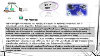 Red de área personal (Personal Área Network, PAN) es una red de computadoras usada para la
comunicación entre los dispositivos de la computadora cerca de una persona.
Red inalámbrica de área personal (Wireless Personal Area Network, WPAN), es una red de computadoras
inalámbrica para la comunicación entre distintos dispositivos (tanto computadoras, puntos de acceso
a internet, teléfonos celulares, PDA, dispositivos de audio, impresoras) cercanos al punto de acceso. Estas
redes normalmente son de unos pocos metros y para uso personal, así como fuera de ella.
Red de área local (Local Area Network, LAN), es una red que se limita a un área especial relativamente
pequeña tal como un cuarto, un solo edificio, una nave, o un avión. Las redes de área local a veces se llaman
una sola red de localización. No utilizan medios o redes de interconexión públicos.
Red de área local inalámbrica (Wireless Local Area Network, WLAN), es un sistema de comunicación de
datos inalámbrico flexible, muy utilizado como alternativa a las redes de área local cableadas o como
extensión de estas.
Por Alcance:
 