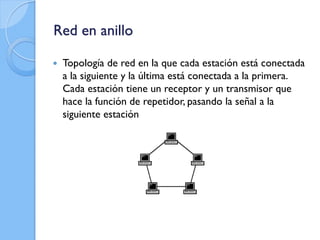 Red en anillo
 Topología de red en la que cada estación está conectada
a la siguiente y la última está conectada a la primera.
Cada estación tiene un receptor y un transmisor que
hace la función de repetidor, pasando la señal a la
siguiente estación
 