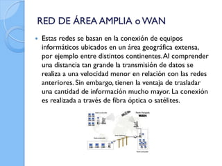 RED DE ÁREA AMPLIA o WAN
 Estas redes se basan en la conexión de equipos
informáticos ubicados en un área geográfica extensa,
por ejemplo entre distintos continentes.Al comprender
una distancia tan grande la transmisión de datos se
realiza a una velocidad menor en relación con las redes
anteriores. Sin embargo, tienen la ventaja de trasladar
una cantidad de información mucho mayor. La conexión
es realizada a través de fibra óptica o satélites.
 