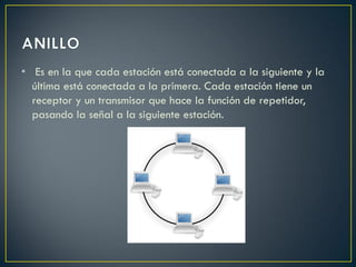• Es en la que cada estación está conectada a la siguiente y la
última está conectada a la primera. Cada estación tiene un
receptor y un transmisor que hace la función de repetidor,
pasando la señal a la siguiente estación.
 