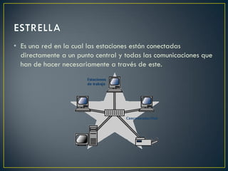 • Es una red en la cual las estaciones están conectadas
directamente a un punto central y todas las comunicaciones que
han de hacer necesariamente a través de este.
 
