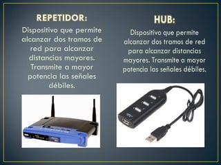 Dispositivo que permite
alcanzar dos tramos de
red para alcanzar
distancias mayores.
Transmite a mayor
potencia las señales
débiles.
 