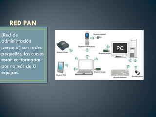 (Red de
administración
personal) son redes
pequeñas, las cuales
están conformadas
por no más de 8
equipos.
 