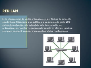 Es la interconexión de varios ordenadores y periféricos. Su extensión
está limitada físicamente a un edificio o a un entorno de hasta 200
metros. Su aplicación más extendida es la interconexión de
ordenadores personales y estaciones de trabajo en oficinas, fábricas,
etc., para compartir recursos e intercambiar datos y aplicaciones.
 