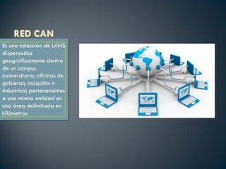 Es una colección de LANS
dispersadas
geográficamente dentro
de un campus
(universitario, oficinas de
gobierno, maquilas o
industrias) pertenecientes
a una misma entidad en
una área delimitada en
kilómetros.
 
