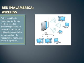 Es la conexión de
nodos que se da por
medio de ondas
electromagnéticas, sin
necesidad de una red
cableada o alámbrica.
La transmisión y la
recepción se realizan a
través de puertos.
 