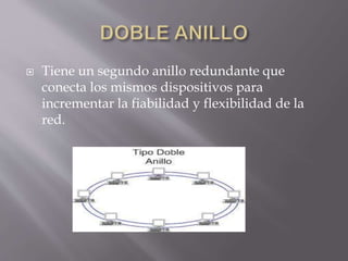  Tiene un segundo anillo redundante que
conecta los mismos dispositivos para
incrementar la fiabilidad y flexibilidad de la
red.
 