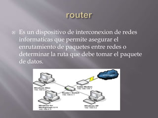  Es un dispositivo de interconexion de redes
informaticas que permite asegurar el
enrutamiento de paquetes entre redes o
determinar la ruta que debe tomar el paquete
de datos.
 