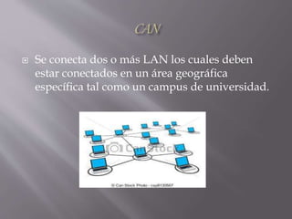  Se conecta dos o más LAN los cuales deben
estar conectados en un área geográfica
específica tal como un campus de universidad.
 