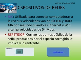 DISPOSITIVOS DE REDES
• NIC: Utilizada para conectar computadoras a
la red sus velocidades van de 10,100 y 1000
Mb por segundo cuando es Ethernet y Wifi
alcanza velocidades de 54 Mbps
• REPETIDOR: Corrige los puntos débiles de la
señal producidos por el espacio corregido lo
implica y lo rentrante
CBT No.4 Tecámac 2017
continuacion
 