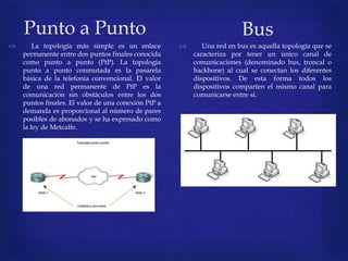 Punto a Punto
 La topología más simple es un enlace
permanente entre dos puntos finales conocida
como punto a punto (PtP). La topología
punto a punto conmutada es la pasarela
básica de la telefonía convencional. El valor
de una red permanente de PtP es la
comunicación sin obstáculos entre los dos
puntos finales. El valor de una conexión PtP a
demanda es proporcional al número de pares
posibles de abonados y se ha expresado como
la ley de Metcalfe.
Bus
 Una red en bus es aquella topología que se
caracteriza por tener un único canal de
comunicaciones (denominado bus, troncal o
backbone) al cual se conectan los diferentes
dispositivos. De esta forma todos los
dispositivos comparten el mismo canal para
comunicarse entre sí.
 