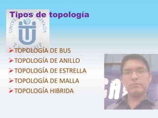 Tipos de topología
TOPOLOGÍA DE BUS
TOPOLOGÍA DE ANILLO
TOPOLOGÍA DE ESTRELLA
TOPOLOGÍA DE MALLA
TOPOLOGÍA HIBRIDA
 