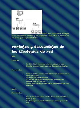 Todas las estaciones cuelgan
de un ordenador central y se conectan entre ellas a través de
los hubs que haya instalados.
ventajas y desventajas de
las tipologías de red
BUS.
Ventajas
- Es Más fácil conectar nuevos nodos a la red
- Requiere menos cable que una topología estrella.
Desventajas
- Toda la red se caería se hubiera una ruptura en el
cable principal.
- Se requiere terminadores.
- Es difícil detectar el origen de un problema
cuando toda la red cae.
- No se debe utilizar como única solución en un gran
edificio.
Anillo
Desventajas:
- Una ruptura de cable o fallo de un nodo afecta a
toda la red.
- La topología de anillo utiliza más cable que la de
bus.
 