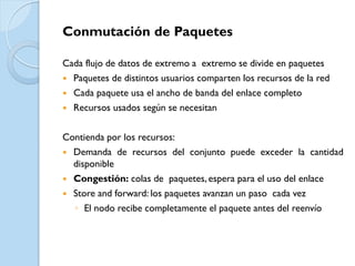 Conmutación de Paquetes

Cada flujo de datos de extremo a extremo se divide en paquetes
 Paquetes de distintos usuarios comparten los recursos de la red
 Cada paquete usa el ancho de banda del enlace completo
 Recursos usados según se necesitan


Contienda por los recursos:
 Demanda de recursos del conjunto puede exceder la cantidad
  disponible
 Congestión: colas de paquetes, espera para el uso del enlace
 Store and forward: los paquetes avanzan un paso cada vez
  ◦ El nodo recibe completamente el paquete antes del reenvío
 