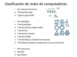 Clasificación de redes de computadoras:
• Por relación funcional :
 *Cliente/Servidor
 *igual-a-igual (P2P)
• Por topología:
 *red alambrada
 *red de anillo (o doble anillo)
 *red de bus
 *red de bus-estrella
 *red de estrella
 *red de Malla (o totalmente convexa)
 *red Mixta (cualquier combinación con las anteriores)
• Por estructura:
 Red OSI
 Red TCP/IP
 