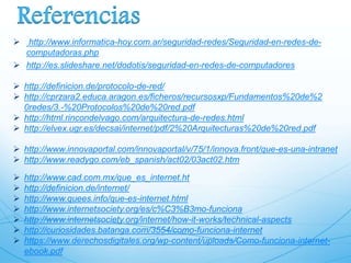  http://definicion.de/protocolo-de-red/
 http://cprzara2.educa.aragon.es/ficheros/recursosxp/Fundamentos%20de%2
0redes/3.-%20Protocolos%20de%20red.pdf
 http://html.rincondelvago.com/arquitectura-de-redes.html
 http://elvex.ugr.es/decsai/internet/pdf/2%20Arquitecturas%20de%20red.pdf
 http://www.informatica-hoy.com.ar/seguridad-redes/Seguridad-en-redes-de-
computadoras.php
 http://es.slideshare.net/dodotis/seguridad-en-redes-de-computadores
 http://www.cad.com.mx/que_es_internet.ht
 http://definicion.de/internet/
 http://www.quees.info/que-es-internet.html
 http://www.internetsociety.org/es/c%C3%B3mo-funciona
 http://www.internetsociety.org/internet/how-it-works/technical-aspects
 http://curiosidades.batanga.com/3554/como-funciona-internet
 https://www.derechosdigitales.org/wp-content/uploads/Como-funciona-internet-
ebook.pdf
 http://www.innovaportal.com/innovaportal/v/75/1/innova.front/que-es-una-intranet
 http://www.readygo.com/eb_spanish/act02/03act02.htm
 