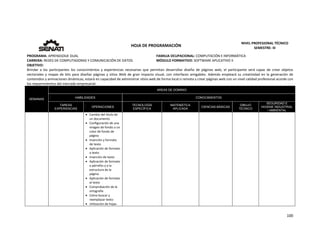  
100 
 
 
HOJA DE PROGRAMACIÓN 
NIVEL PROFESIONAL TÉCNICO 
SEMESTRE: III 
PROGRAMA: APRENDIZAJE DUAL  FAMILIA OCUPACIONAL: COMPUTACIÓN E INFORMÁTICA
CARRERA: REDES DE COMPUTADORAS Y COMUNICACIÓN DE DATOS MÓDULO FORMATIVO: SOFTWARE APLICATIVO II
OBJETIVO: 
Brindar  a  los  participantes  los  conocimientos  y  experiencias  necesarias  que  permitan  desarrollar  diseño  de  páginas  web,  el  participante  será  capaz  de  crear  objetos 
vectoriales y mapas de bits para diseñar páginas y sitios Web de gran impacto visual, con interfaces amigables. Además empleará su creatividad en la generación de  
contenidos y animaciones dinámicas, estará en capacidad de administrar sitios web de forma local o remota y crear páginas web con un nivel calidad profesional acorde con 
los requerimientos del mercado empresarial. 
SEMANAS
AREAS DE DOMINIO
HABILIDADES CONOCIMIENTOS
TAREAS
EXPERIENCIAS
OPERACIONES
TECNOLOGÍA
ESPECÍFICA
MATEMÁTICA
APLICADA
CIENCIAS BÁSICAS
DIBUJO
TÉCNICO
SEGURIDAD E
HIGIENE INDUSTRIAL
/ AMBIENTAL
 Cambio del título de 
un documento 
 Configuración de una 
imagen de fondo o un 
color de fondo de 
página 
 Inserción y formato 
de texto 
 Aplicación de formato 
a texto  
 Inserción de texto 
 Aplicación de formato 
a párrafos y a la 
estructura de la 
página 
 Aplicación de formato 
al texto 
 Comprobación de la 
ortografía 
 Cómo buscar y 
reemplazar texto 
 Utilización de hojas 
 