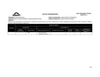  
170 
 
 
HOJA DE PROGRAMACIÓN 
NIVEL PROFESIONAL TÉCNICO 
SEMESTRE: IV 
PROGRAMA: APRENDIZAJE DUAL  FAMILIA OCUPACIONAL: COMPUTACIÓN E INFORMÁTICA
CARRERA: REDES DE COMPUTADORAS Y COMUNICACIÓN DE DATOS MÓDULO FORMATIVO: CABLEADO ESTRUCTURADO II
OBJETIVO: 
Brindar a los participantes los conocimientos y experiencias necesarias que le permitan implementar un óptimo cableado estructurado para redes  de datos en cableado 
vertical y redes para video con cámaras IP. 
SEMANAS
AREAS DE DOMINIO
HABILIDADES CONOCIMIENTOS
TAREAS
EXPERIENCIAS
OPERACIONES TECNOLOGÍA ESPECÍFICA MATEMÁTICA APLICADA
CIENCIAS
BÁSICAS
DIBUJO
TÉCNICO
SEGURIDAD E
HIGIENE INDUSTRIAL /
AMBIENTAL
video.  herramientas para 
cableado estructurado. 
 
   
 