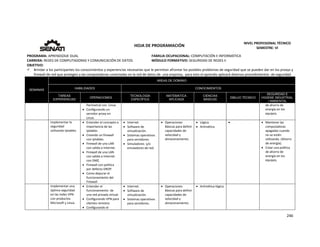  
246 
 
 
HOJA DE PROGRAMACIÓN 
NIVEL PROFESIONAL TÉCNICO 
SEMESTRE: VI 
PROGRAMA: APRENDIZAJE DUAL  FAMILIA OCUPACIONAL: COMPUTACIÓN E INFORMÁTICA
CARRERA: REDES DE COMPUTADORAS Y COMUNICACIÓN DE DATOS MÓDULO FORMATIVO: SEGURIDAD DE REDES II
OBJETIVO: 
 Brindar a los participantes los conocimientos y experiencias necesarias que le permitan afrontar los posibles problemas de seguridad que se pueden dar en los proxys y 
firewall de red que protegen a las computadoras conectadas en la red de datos de  una empresa,  para esto el aprendiz aplicará diversos procedimientos  de seguridad. 
SEMANAS
AREAS DE DOMINIO
HABILIDADES CONOCIMIENTOS
TAREAS
EXPERIENCIAS
OPERACIONES
TECNOLOGÍA
ESPECÍFICA
MATEMÁTICA
APLICADA
CIENCIAS
BÁSICAS
DIBUJO TÉCNICO
SEGURIDAD E
HIGIENE INDUSTRIAL
/ AMBIENTAL
Perimetral con  Linux.
 Configurando un 
servidor proxy en 
Linux. 
de ahorro de 
energía en los 
equipos. 
 
Implementar la 
seguridad 
utilizando Iptables. 
 Entender el concepto e 
importancia de las 
Iptables 
 Creando un firewall 
con Iptables. 
 Firewall de una LAN 
con salida a Internet. 
 Firewall de una LAN 
con salida a Internet 
con DMZ. 
 Firewall con política 
por defecto DROP. 
 Como depurar el 
funcionamiento del 
Firewall 
 Internet. 
 Software de 
virtualización. 
 Sistemas operativos 
para servidores. 
 Simuladores  y/o 
emuladores de red. 
 Operaciones 
Básicas para definir 
capacidades de 
velocidad y 
almacenamiento. 
 Lógica. 
 Aritmética 
    Mantener las 
computadoras 
apagadas cuando 
no se estén 
utilizando. (Ahorro 
de energía). 
 Crear una política 
de ahorro de 
energía en los 
equipos. 
 
Implementar una 
óptima seguridad 
en las redes VPN 
con productos 
Microsoft y Linux. 
 Entender el 
funcionamiento  de 
una red privada virtual. 
 Configurando VPN para 
clientes remotos 
 Configurando el 
 Internet. 
 Software de 
virtualización. 
 Sistemas operativos 
para servidores. 
 Operaciones 
Básicas para definir 
capacidades de 
velocidad y 
almacenamiento. 
 Aritmética‐lógica      
 