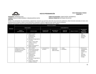  
45 
 
 
HOJA DE PROGRAMACIÓN 
NIVEL PROFESIONAL TÉCNICO 
SEMESTRE: II 
PROGRAMA: APRENDIZAJE DUAL  FAMILIA OCUPACIONAL: COMPUTACIÓN E INFORMÁTICA
CARRERA: REDES DE COMPUTADORAS Y COMUNICACIÓN DE DATOS MÓDULO FORMATIVO: SOFTWARE APLICATIVO I
OBJETIVO: 
Brindar a los participantes los conocimientos y experiencias necesarias que permitan desarrollar documentación profesional, utilizar funciones avanzadas en Excel, crear 
presentaciones de impacto, utilizar el correo electrónico corporativo y utilizar la algoritmia para resolver diversos problemas. 
Además, el participante conocerá la documentación necesaria para la apertura y administración de un negocio. 
SEMANAS
AREAS DE DOMINIO
HABILIDADES CONOCIMIENTOS
TAREAS
EXPERIENCIAS
OPERACIONES
TECNOLOGÍA
ESPECÍFICA
MATEMÁTICA
APLICADA
CIENCIAS
BÁSICAS
DIBUJO TÉCNICO
SEGURIDAD E
HIGIENE
INDUSTRIAL /
AMBIENTAL
 Realizar revisión, 
comparación y 
combinación de 
documentos.   
 Administra la Seguridad de 
un archivo.   
 Insertar, revisar, filtrar, 
modificar y eliminar  
comentarios.   
 Realizar restricciones de 
edición y formato. 
estén 
utilizando. 
(Ahorro de 
energía). 
Elaborar los formatos 
para generar un modelo 
de Notas internas y 
Memorándums
 Crear y realizar 
mantenimiento de datos 
en una combinación de 
correspondencia.   
 Realizar revisión, 
comparación y 
combinación de 
documentos.   
 Administra la Seguridad de 
un archivo.   
 Insertar, revisar, filtrar, 
modificar y eliminar  
 Herramientas en 
Ms Word 
 Operaciones 
lógicas para 
definir los filtros. 
 Lógica. 
 Aritmética 
 Mantener las 
computadoras 
apagadas 
cuando no se 
estén 
utilizando. 
(Ahorro de 
energía). 
 