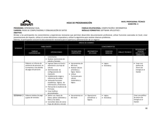  
46 
 
 
HOJA DE PROGRAMACIÓN 
NIVEL PROFESIONAL TÉCNICO 
SEMESTRE: II 
PROGRAMA: APRENDIZAJE DUAL  FAMILIA OCUPACIONAL: COMPUTACIÓN E INFORMÁTICA
CARRERA: REDES DE COMPUTADORAS Y COMUNICACIÓN DE DATOS MÓDULO FORMATIVO: SOFTWARE APLICATIVO I
OBJETIVO: 
Brindar a los participantes los conocimientos y experiencias necesarias que permitan desarrollar documentación profesional, utilizar funciones avanzadas en Excel, crear 
presentaciones de impacto, utilizar el correo electrónico corporativo y utilizar la algoritmia para resolver diversos problemas. 
Además, el participante conocerá la documentación necesaria para la apertura y administración de un negocio. 
SEMANAS
AREAS DE DOMINIO
HABILIDADES CONOCIMIENTOS
TAREAS
EXPERIENCIAS
OPERACIONES
TECNOLOGÍA
ESPECÍFICA
MATEMÁTICA
APLICADA
CIENCIAS
BÁSICAS
DIBUJO TÉCNICO
SEGURIDAD E
HIGIENE
INDUSTRIAL /
AMBIENTAL
comentarios.   
 Realizar restricciones de 
edición y formato.
Elaborar un informe de 
asistencia de personal  en 
la empresa y una planilla 
de pagos de personal. 
 Ingresar Datos en Excel y 
administrar una hoja de 
cálculo. 
 Administrando  las 
configuraciones de 
impresión.   
 Estableciendo rangos y 
referencias de celdas.   
 Utilizando funciones 
estadísticas,  lógicas,  de 
información y Financieras. 
 Efectuando la Auditoria de 
Fórmulas.   
 Crear Gráficos 
personalizados.     
 Herramientas de 
MS Excel. 
 Realizar Cálculo 
aritmético y 
lógico  básico. 
 Utilizar 
Funciones para 
cálculo 
matemático y 
lógico. 
   Lógica. 
 Aritmética 
 
 
   Crear una 
política de 
ahorro de 
energía en el 
equipo. 
SEMANA 3 Elaborar boletas de pago 
y guías de remisión. 
 Definir una  Bases de 
Datos, aplicar subtotales y 
filtros a los datos.   
 Consolidar datos de varias 
hojas de cálculo y vincular 
 Herramientas en 
Ms Excel. 
 Operaciones 
aritméticas  y 
lógicas. 
 Lógica. 
 Aritmética 
  Crear una política 
de ahorro de 
energía en el 
equipo. 
 