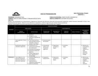  
51 
 
 
HOJA DE PROGRAMACIÓN 
NIVEL PROFESIONAL TÉCNICO 
SEMESTRE: II 
PROGRAMA: APRENDIZAJE DUAL  FAMILIA OCUPACIONAL: COMPUTACIÓN E INFORMÁTICA
CARRERA: REDES DE COMPUTADORAS Y COMUNICACIÓN DE DATOS MÓDULO FORMATIVO: SOFTWARE APLICATIVO I
OBJETIVO: 
Brindar a los participantes los conocimientos y experiencias necesarias que permitan desarrollar documentación profesional, utilizar funciones avanzadas en Excel, crear 
presentaciones de impacto, utilizar el correo electrónico corporativo y utilizar la algoritmia para resolver diversos problemas. 
Además, el participante conocerá la documentación necesaria para la apertura y administración de un negocio. 
SEMANAS
AREAS DE DOMINIO
HABILIDADES CONOCIMIENTOS
TAREAS
EXPERIENCIAS
OPERACIONES
TECNOLOGÍA
ESPECÍFICA
MATEMÁTICA
APLICADA
CIENCIAS
BÁSICAS
DIBUJO TÉCNICO
SEGURIDAD E
HIGIENE
INDUSTRIAL /
AMBIENTAL
periódicas.    
 Configurar la Vista 
Preliminar e impresión de 
las citas. 
  Crear y gestionar Tareas y 
Notas. 
 Crear tareas sencillas y 
tareas periódicas desde el 
Calendario, revisar sus 
estados y crear Notas.  
 Herramientas de 
MS Outlook. 
       
Resolviendo problemas 
utilizando la algoritmia. 
 Entender que es un 
sistema de procesamiento 
de la información.   
 Analizando los problemas. 
 Realizando el diseño del 
algoritmo.    
 Creando diagramas de 
flujo, diagramas N‐S y 
Pseudocódigo. 
 Herramientas 
gráficas para 
representar 
algoritmos. 
 Operaciones 
aritméticas  y 
lógicas 
 Aritmética ‐ 
lógica   
 Mantener las 
computadoras 
apagadas 
cuando no se 
estén 
utilizando. 
(Ahorro de 
energía). 
SEMANA 6 Crear código con  una 
estructura secuencial, 
estructuras selectivas y  
estructuras repetitivas. 
 Llevando el algoritmo a la 
computadora.    
 Entendiendo la 
importancia de un 
Lenguaje de programación. 
 Definir los elementos 
 Lenguaje de 
programación. 
 Operaciones 
aritméticas  y 
lógicas 
 Aritmética ‐ 
lógica   
 Mantener las 
computadoras 
apagadas 
cuando no se 
estén 
utilizando. 
 