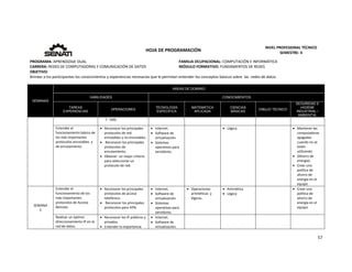  
57 
 
 
HOJA DE PROGRAMACIÓN 
NIVEL PROFESIONAL TÉCNICO 
SEMESTRE: II 
PROGRAMA: APRENDIZAJE DUAL  FAMILIA OCUPACIONAL: COMPUTACIÓN E INFORMÁTICA
CARRERA: REDES DE COMPUTADORAS Y COMUNICACIÓN DE DATOS MÓDULO FORMATIVO: FUNDAMENTOS DE REDES
OBJETIVO: 
Brindar a los participantes los conocimientos y experiencias necesarias que le permitan entender los conceptos básicos sobre  las  redes de datos. 
 
SEMANAS
AREAS DE DOMINIO
HABILIDADES CONOCIMIENTOS
TAREAS
EXPERIENCIAS
OPERACIONES
TECNOLOGÍA
ESPECÍFICA
MATEMÁTICA
APLICADA
CIENCIAS
BÁSICAS
DIBUJO TÉCNICO
SEGURIDAD E
HIGIENE
INDUSTRIAL /
AMBIENTAL
 DNS.
Entender el 
funcionamiento básico de  
los más importantes 
protocolos enrutables  y 
de enrutamiento. 
 Reconocer los principales 
protocolos de red 
enrutables y no enrutables.
  Reconocer los principales 
protocolos de 
enrutamiento. 
 Obtener  un mejor criterio 
para seleccionar un 
protocolo de red. 
 Internet. 
 Software de 
virtualización. 
 Sistemas 
operativos para 
servidores. 
   Lógica.     Mantener las 
computadoras 
apagadas 
cuando no se 
estén 
utilizando. 
 (Ahorro de 
energía). 
 Crear una 
política de 
ahorro de 
energía en el 
equipo. 
SEMANA 
5 
Entender el 
funcionamiento de los 
más importantes 
protocolos de Acceso 
Remoto. 
 Reconocer los principales 
protocolos de acceso 
telefónico. 
  Reconocer los principales 
protocolos para VPN. 
 Internet. 
 Software de 
virtualización. 
 Sistemas 
operativos para 
servidores. 
 Operaciones 
aritméticas  y 
lógicas. 
 Aritmética 
 Lógica   
 Crear una 
política de 
ahorro de 
energía en el 
equipo. 
Realizar un óptimo 
direccionamiento IP en la 
red de datos. 
 Reconocer los IP públicos y 
privados. 
 Entender la importancia 
 Internet. 
 Software de 
virtualización. 
 